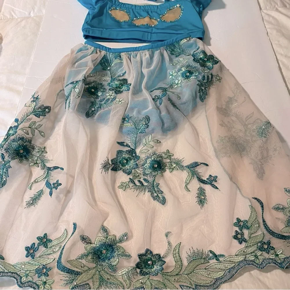 Solo custom dance costume 2 piece teal lyrical  rhinestoned embroidered MC child